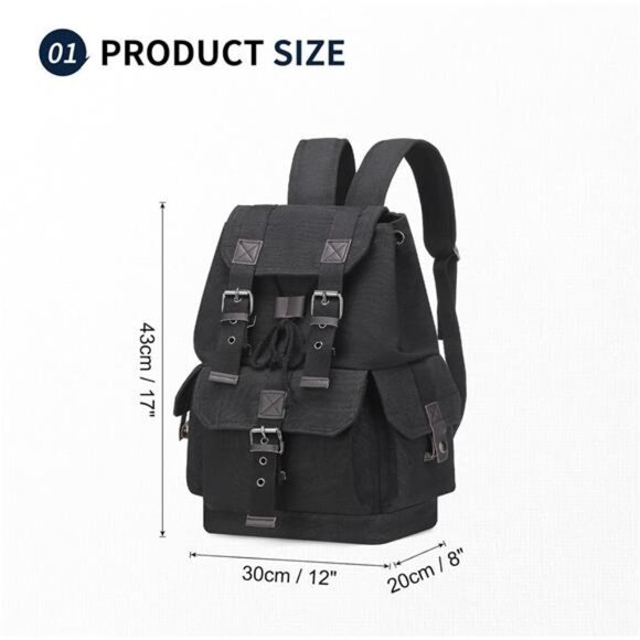 Retro Canvas Backpack for Men Black - Picture 3 of 8